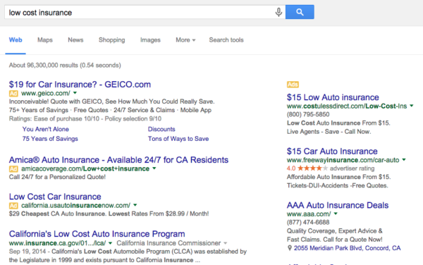 SERP for low cost insurance search